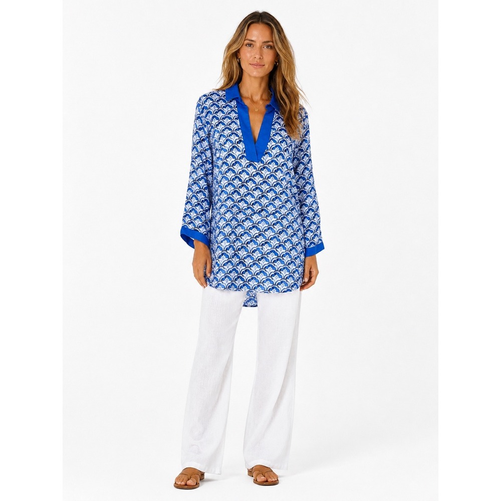Sigrid Olsen Blue 100% Linen Resort Tunic Top Coastal Mediterranean Large beachy